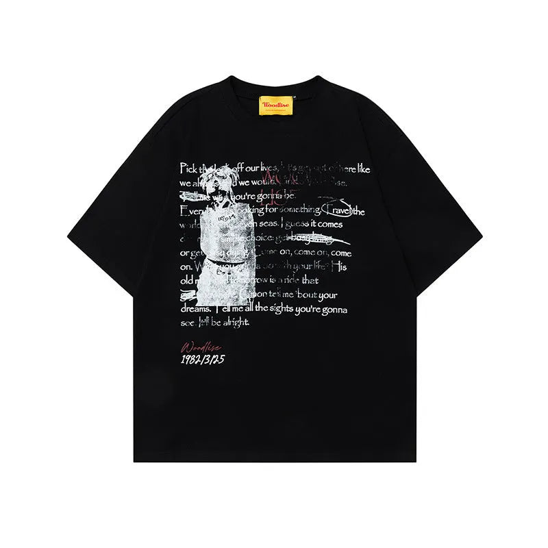 Black and white men's loose pure cotton t-shirt with short raglan sleeves and hip hop letter printing