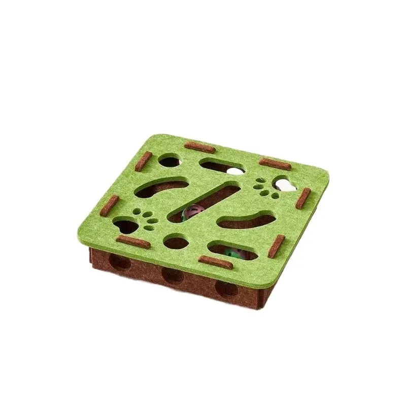 Handmade soft felt cat scratch toy box in green brown colour, measuring 30cm square.