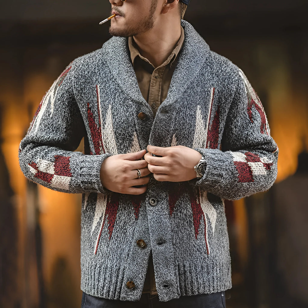 Men's thick polyester fibre lapel cardigan jacket in dark grey, long sleeves, casual front view