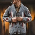 Men's thick polyester fibre lapel cardigan jacket in dark grey, long sleeves, casual front view