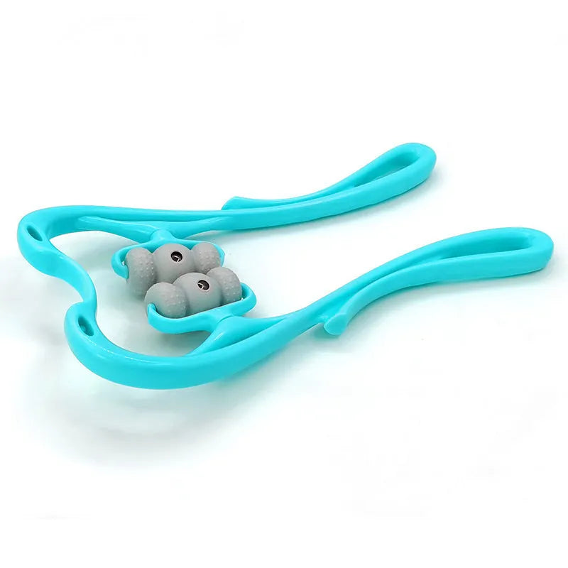 Blue handheld neck massager with 96 pressure point rollers for deep tissue relief