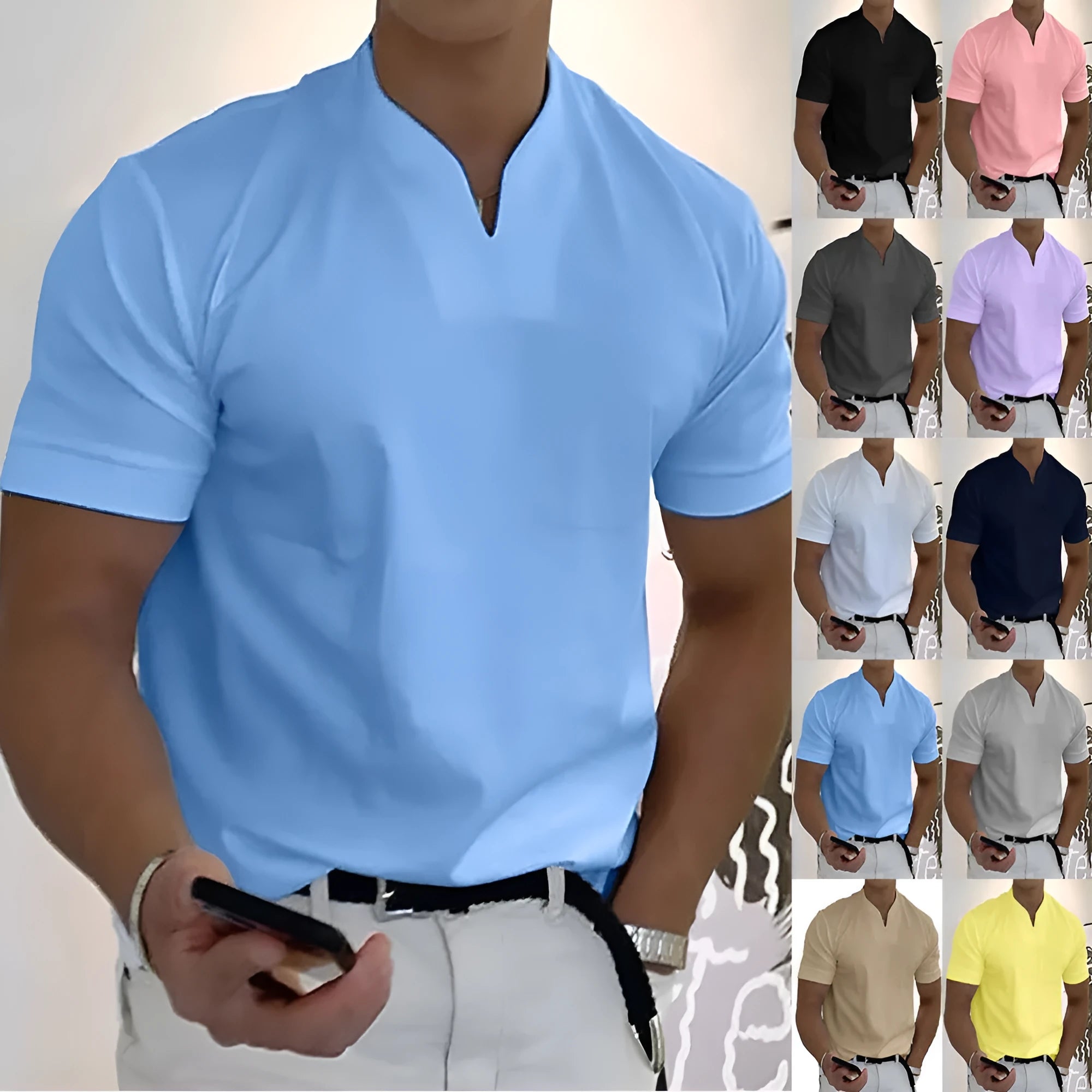 Men's summer short sleeve shirt with front pocket, stand collar, loose fit, elastic cotton blend, plus size options, twelve colours available