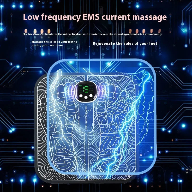 USB rechargeable reflexology foot massager mat with push-button controls and orange or blue foot pad options