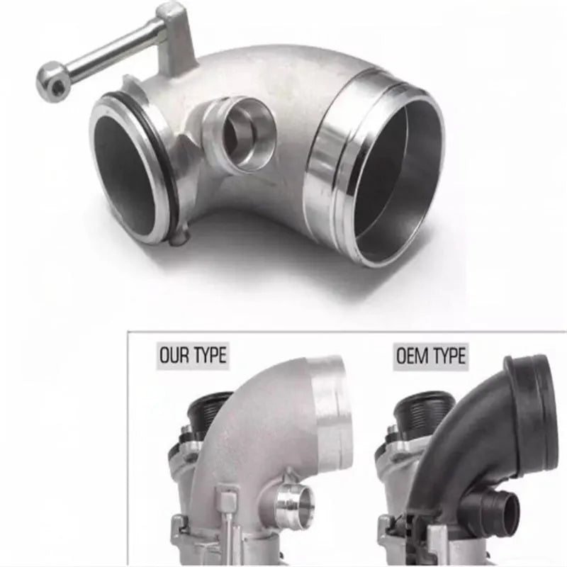 Aluminium alloy 90 degree turbo turbine elbow for lateral engine positioning automotive application