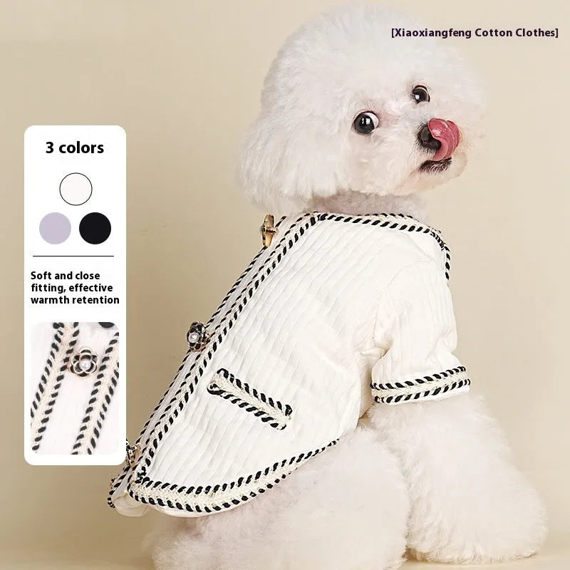 Quilted polyester dog coat in light purple with cartoon design for autumn and winter warmth