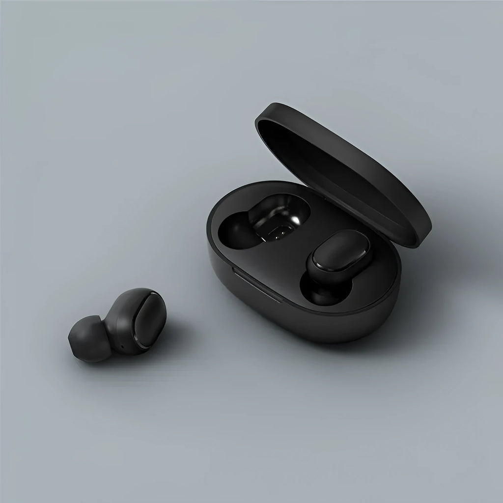 Redmi AirDots black true wireless Bluetooth headphones and charging case.