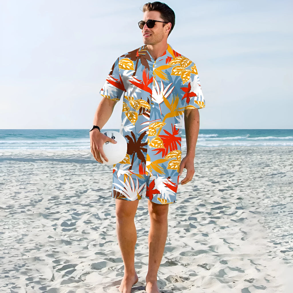 Men's beach digital printed shorts and shirt set with inner mesh lining, cotton blend fabric, short sleeves, two colour options