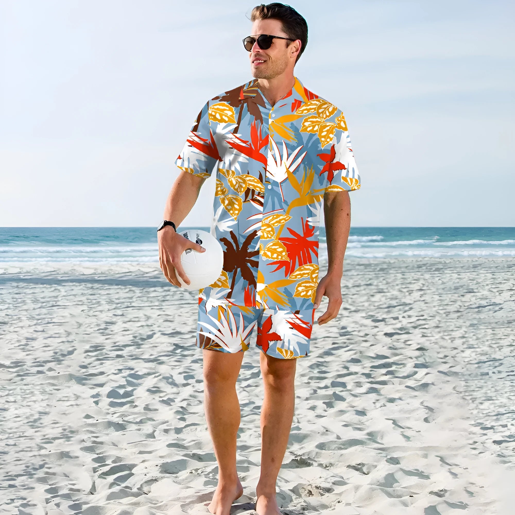 Men's beach digital printed shorts and shirt set with inner mesh lining, cotton blend fabric, short sleeves, two colour options