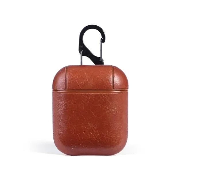 Genuine leather AirPods protective case bag in black, brown, light brown, and red colour options.