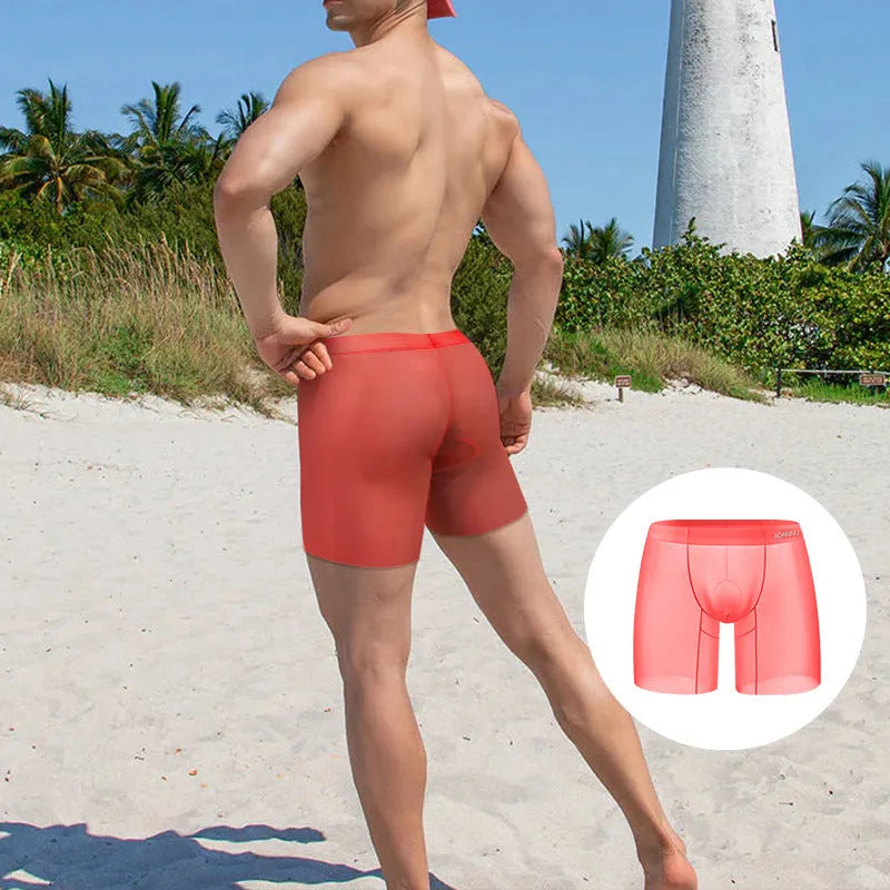 Men's ice silk nylon boxers in orange, pink or red with low waist design