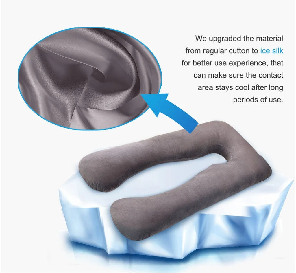Ice silk U-shaped maternity pillow for pregnant women in grey, showing its 130cm length.
