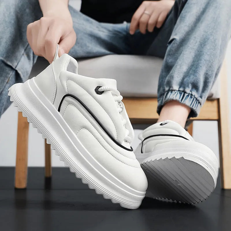 PU leather casual loafers with a thick sole and low heel for height increase, shown in multiple colour options.