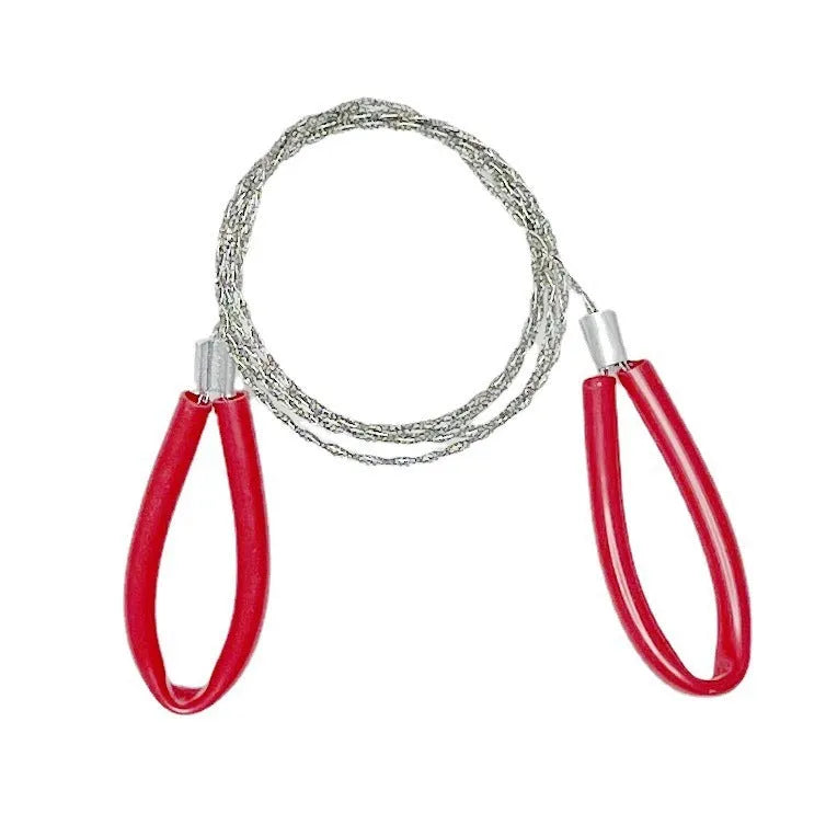 Black and red coloured outdoor survival hand saw with stainless steel cutting wire, shown at full 70 cm length.