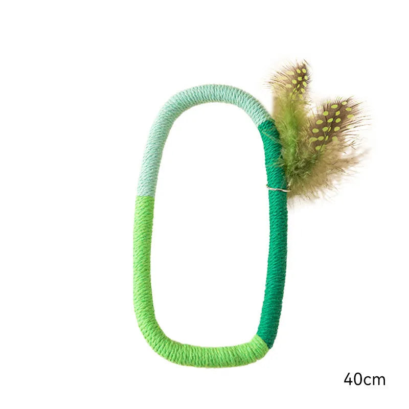 Green cotton rope circular cat toy with feather top for interactive play