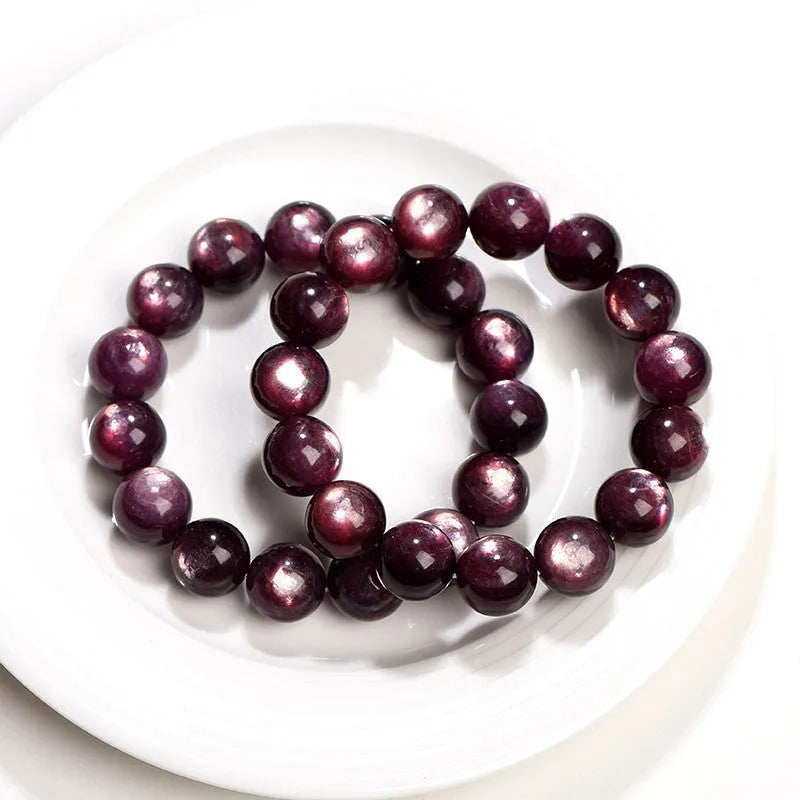 Purple lepidolite crystal bracelet with polished round beads in natural geometric design