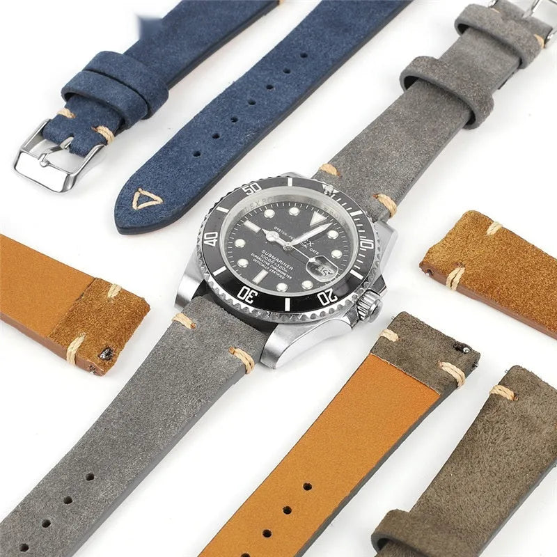 Genuine suede leather watch strap in brown, shown in 20mm width with exotic ethnic styling.