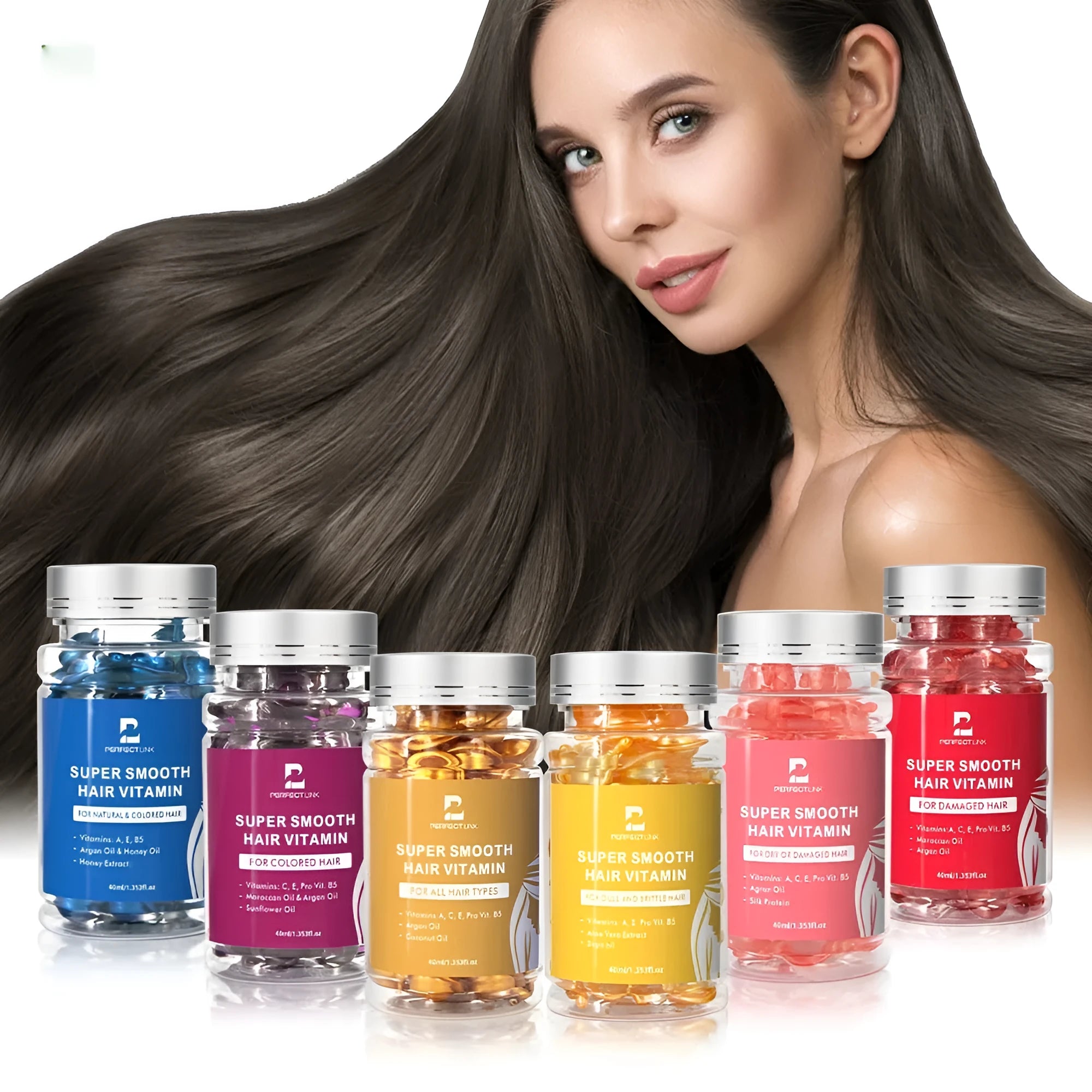 40ml Vitamin Nuts Hair Care Essential Oil bottle in one of six colour options: Red, Purple, Gold, Blue, Yellow, or Pink.
