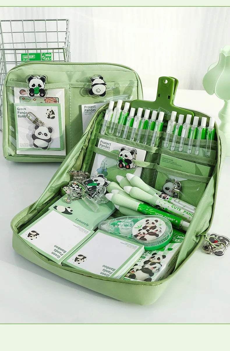 Green canvas panda pencil case with 12-layer organisation showing Korean style design