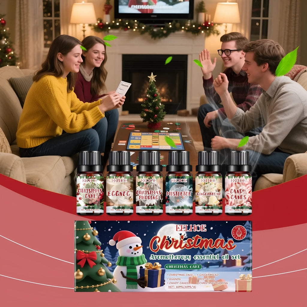 Christmas aromatherapy oil diffuser set showing six units with 60ml and 10ml bottles for home fragrance.
