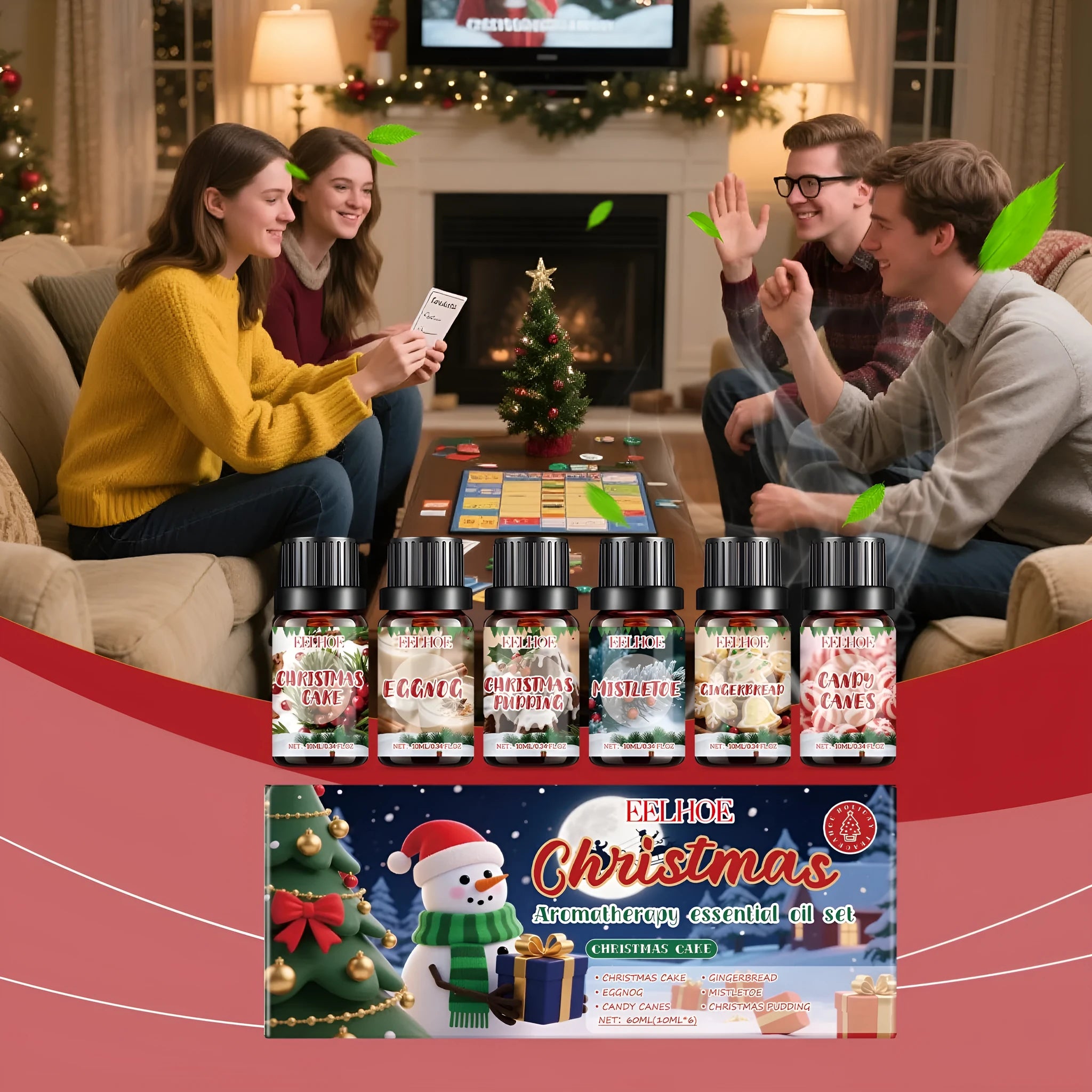 Christmas aromatherapy oil diffuser set showing six units with 60ml and 10ml bottles for home fragrance.
