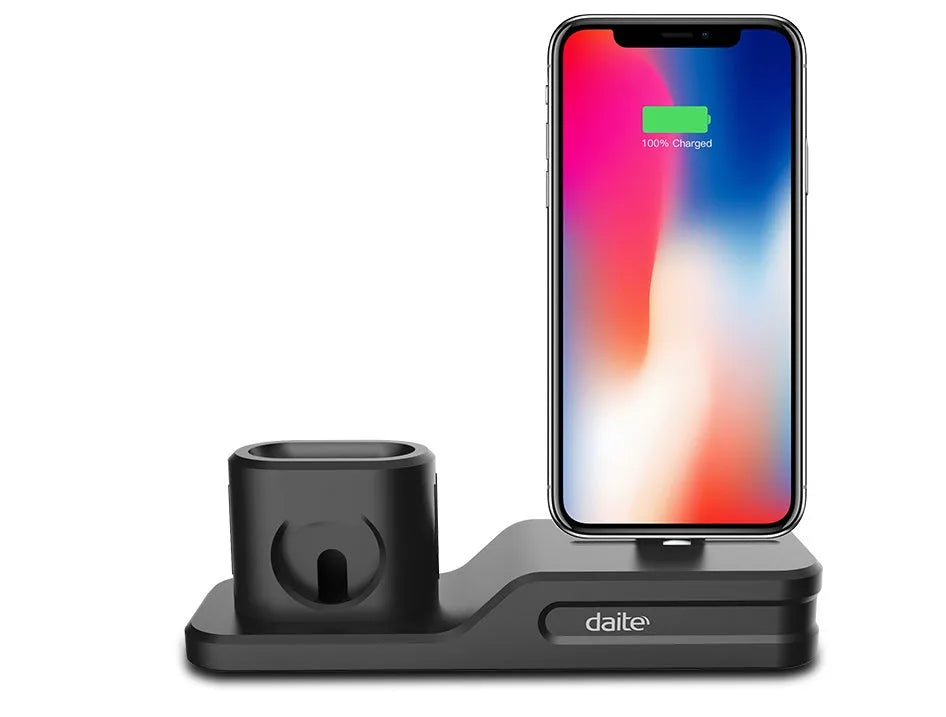 Black silicone 3-in-1 charging base for Apple-compatible iPhone, iWatch and AirPods devices on flat surface