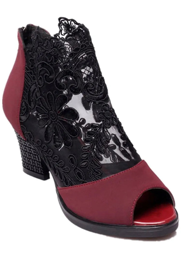 Black floral lace gladiator sandals with square high heel and peep toe design