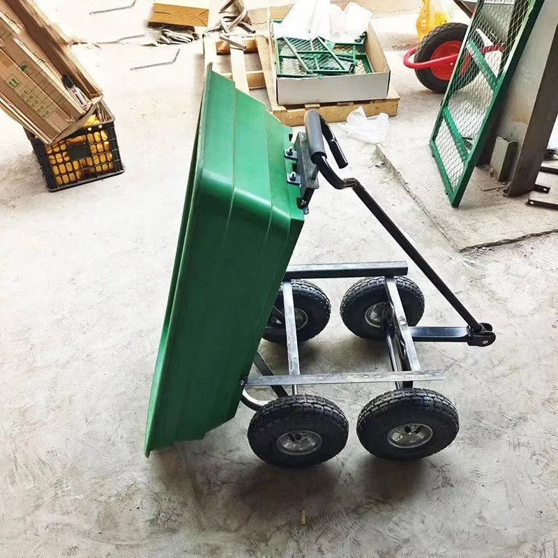 Green four-wheel plastic agricultural dumptruck with steel PP construction and 350kg load capacity