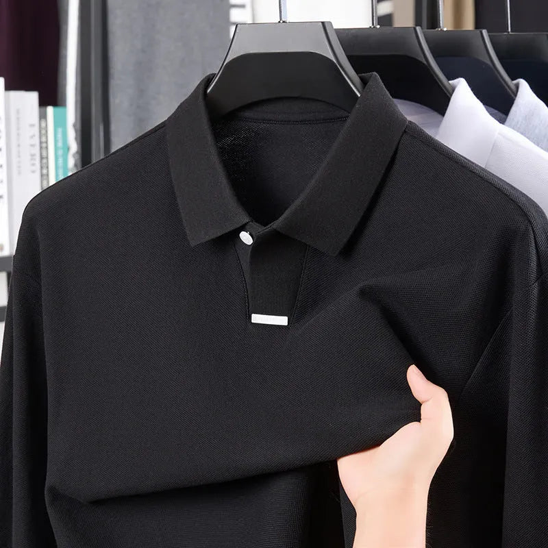 Men's loose fit cotton polo shirt with lapel collar in a neutral colour
