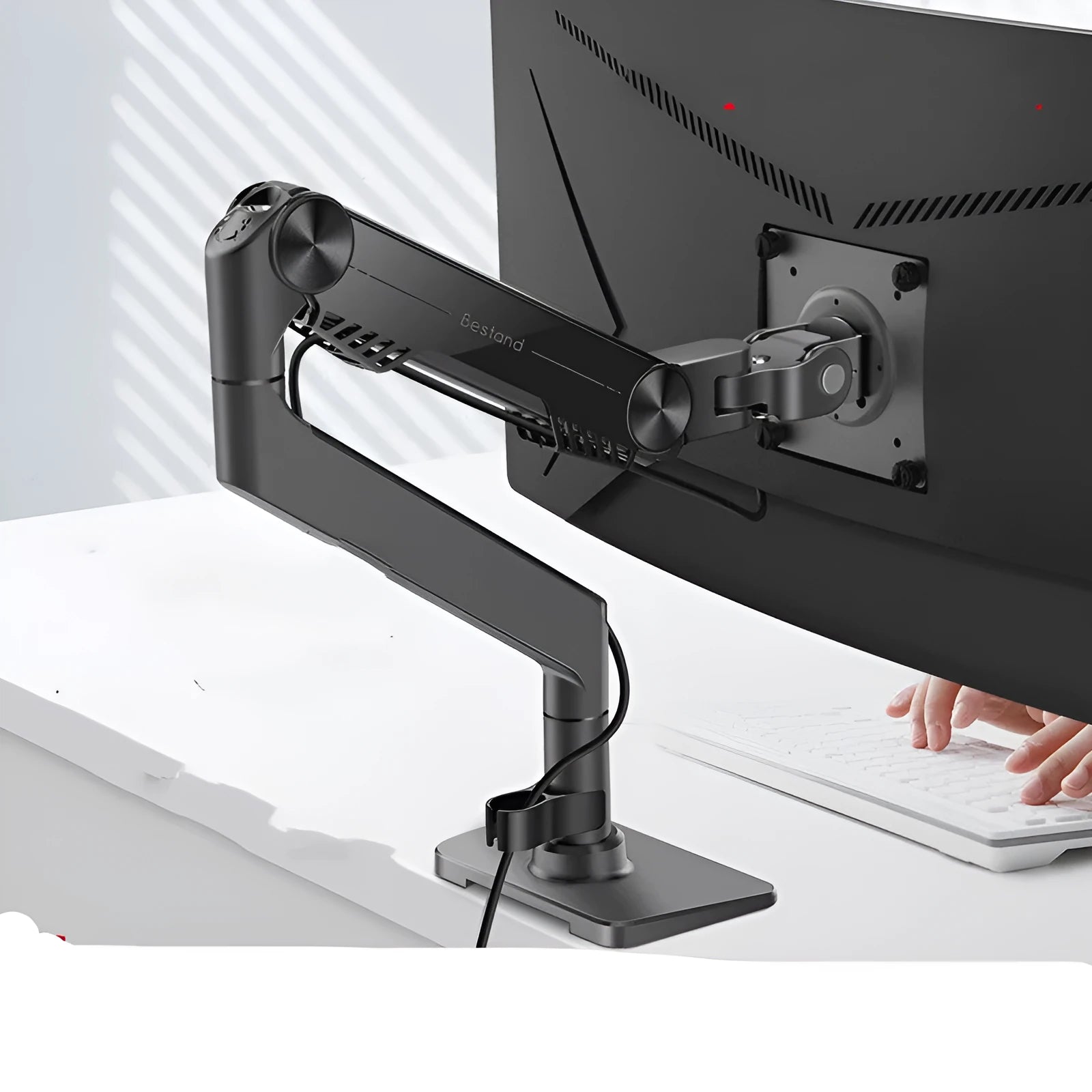 Black gas spring monitor stand on desk with curved screen support, 7K aluminium alloy build