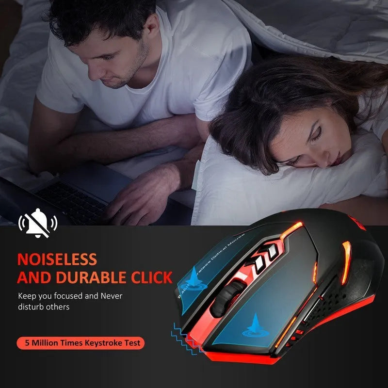 Silent wireless mouse in blue with 7 buttons, adjustable DPI, and power-saving switch