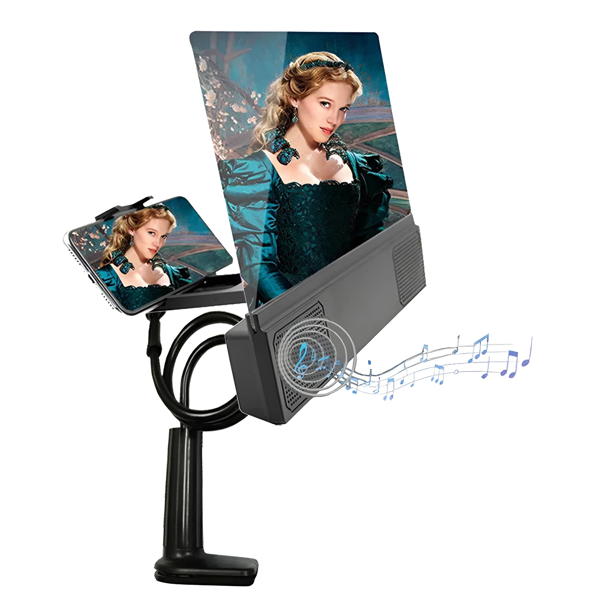 12-inch mobile phone screen amplifier with built-in speakers showing foldable design and adjustable gooseneck mount