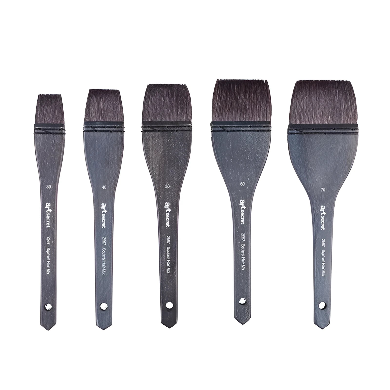 Set of five grey squirrel hair makeup brushes with wooden handles in different sizes from 30mm to 70mm wide.