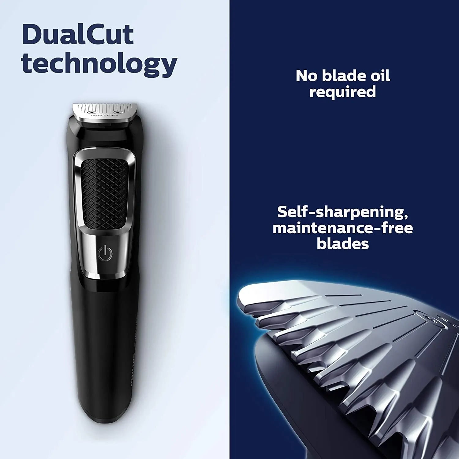 Rechargeable nose and beard hair clippers with a cleaning brush on a white background.