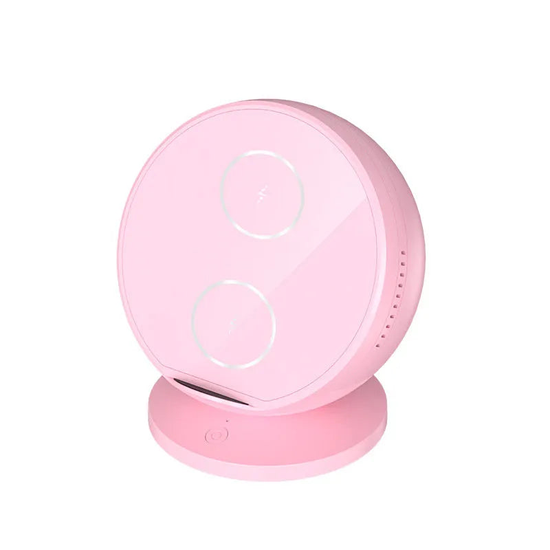 ABS plastic mobile phone wireless charging holder with Bluetooth speaker in black, blue, pink, or white.