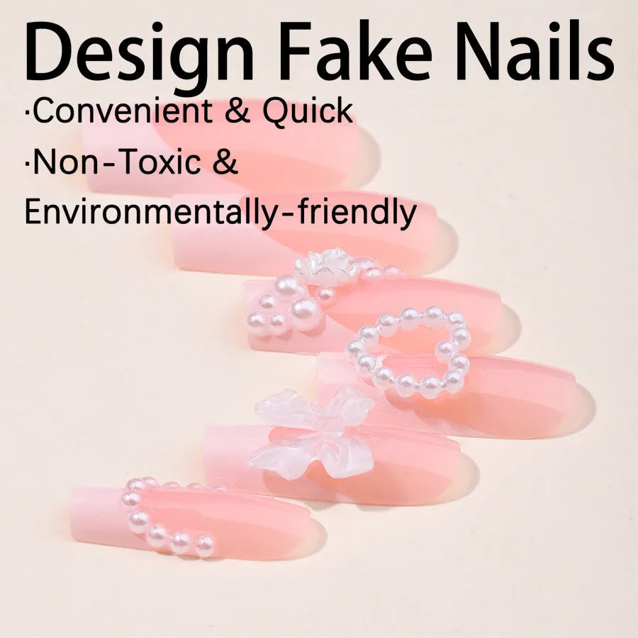 French Love Pearl removable fake nail stickers kit showing nail strips, jelly glue pot, and polish rub in colour XD93.