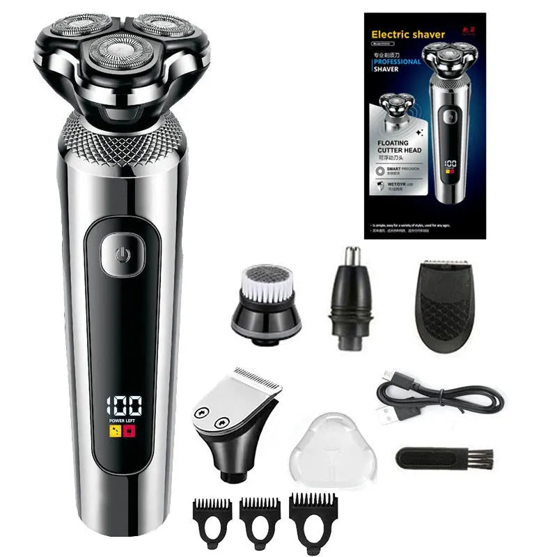 Digital display USB rechargeable beard trimmer with floating cutter head and five-in-one base bracket