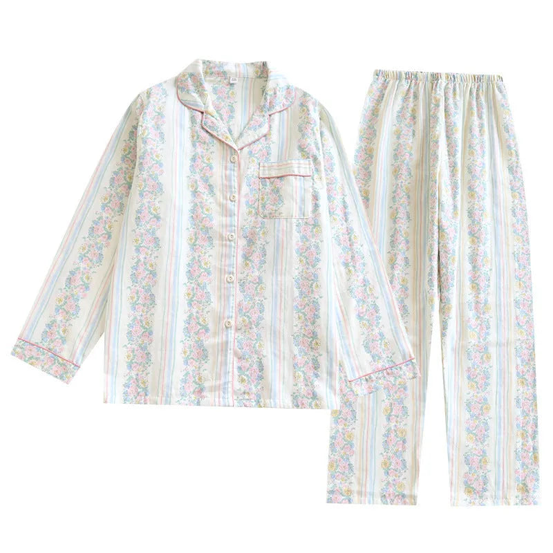 Cotton gauze long-sleeved top and trousers two-piece homewear set in a colour stripes print.