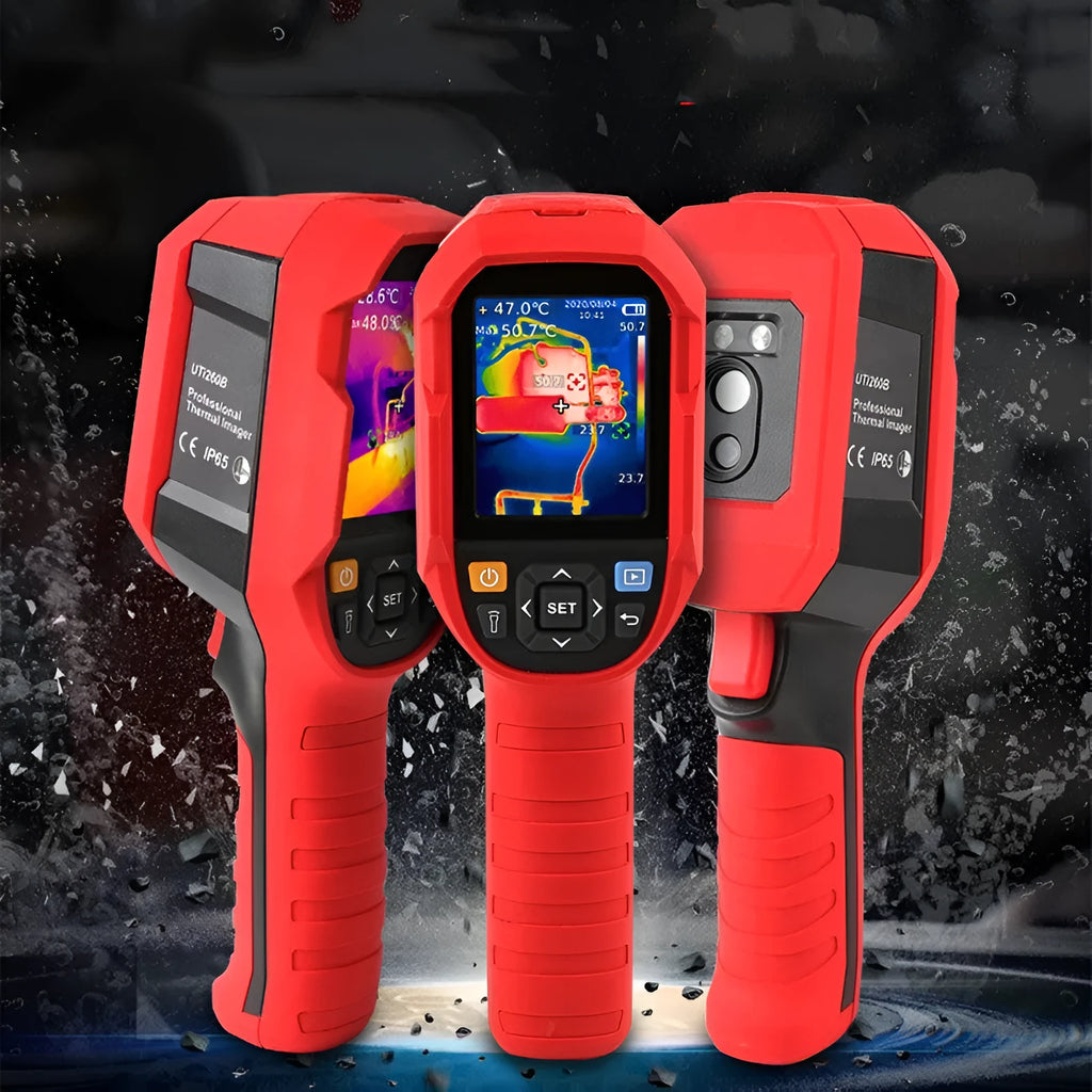 UTi-series handheld infrared thermal imaging camera with display screen on a workbench.
