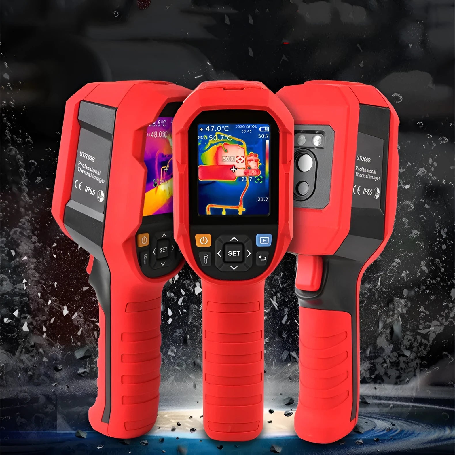 UTi-series handheld infrared thermal imaging camera with display screen on a workbench.
