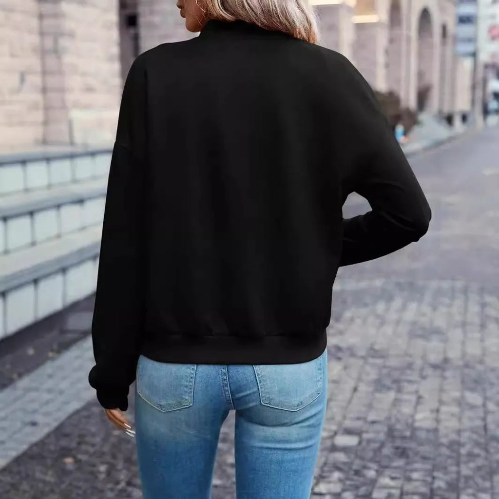 Black women's zip jacket with faux pockets and long sleeves showing front view