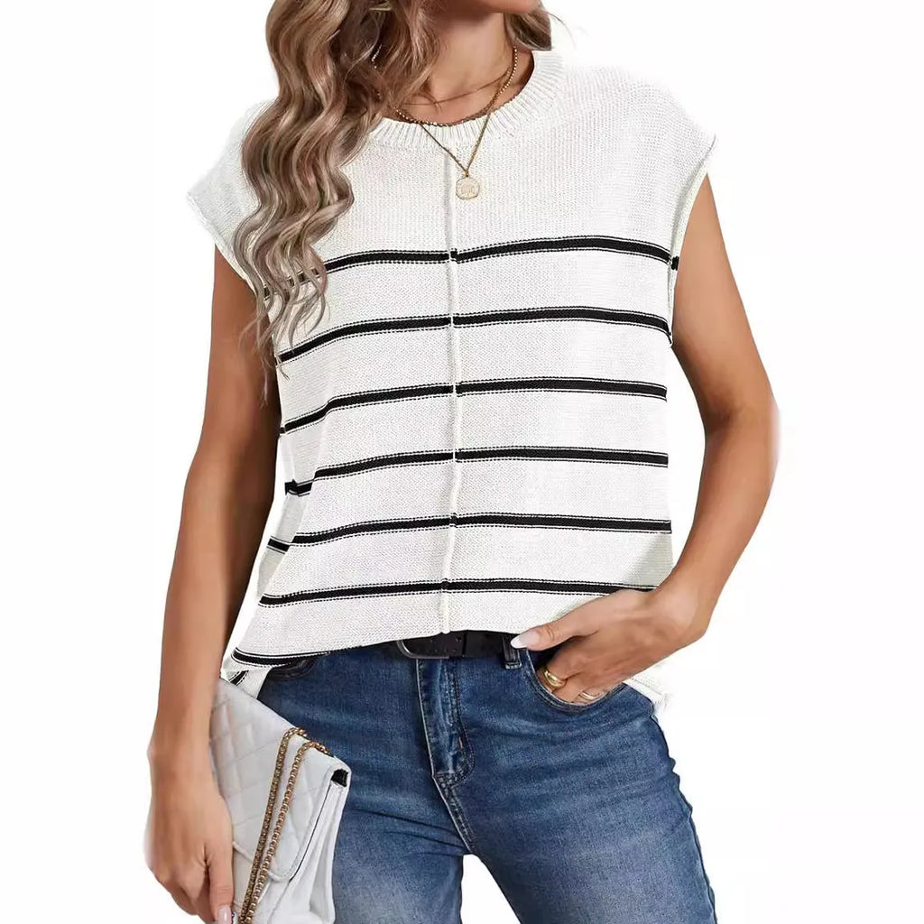 Women's striped sleeveless pullover vest with seam bone stitching in apricot colour