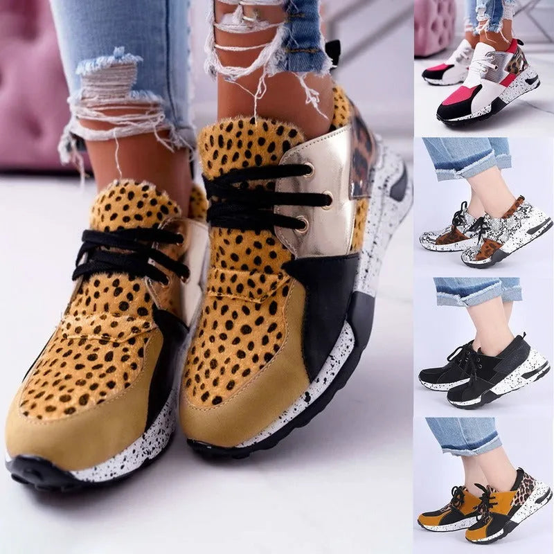 Women's suede casual flat sneakers with a wedge heel in leopard print.