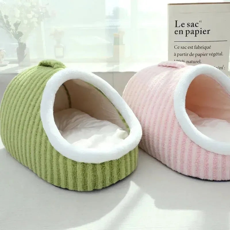 Thickened 3D striped dog cat bed with removable sponge mattress in blue, green, pink or yellow