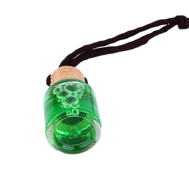 Glass bottle car air freshener hanging ornament with choice of six 55g scents.