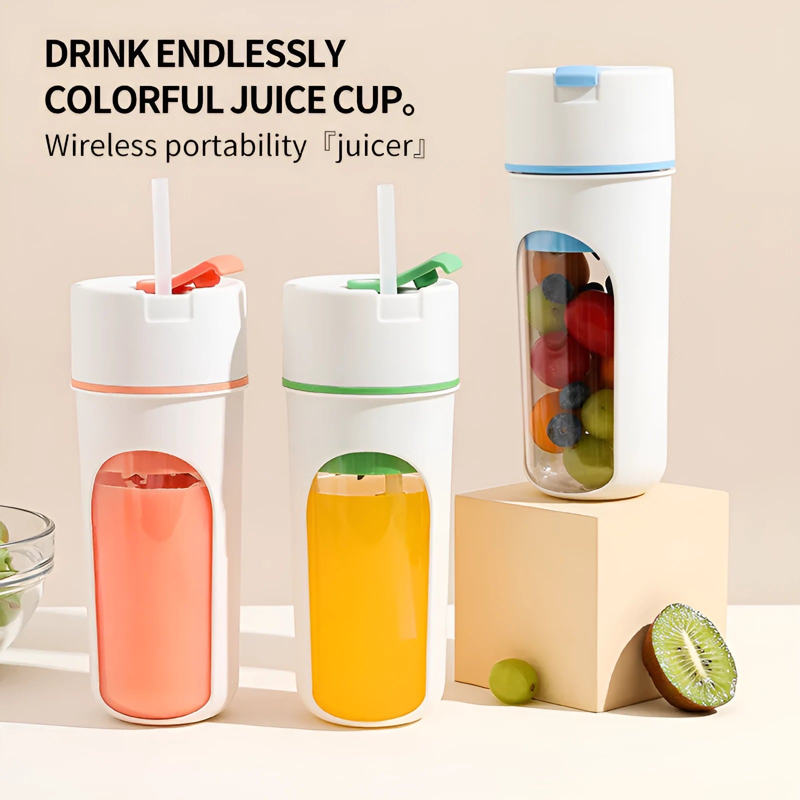 Blue portable USB electric juicer blender with 400ml clear plastic cup on a table