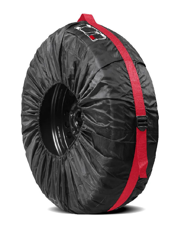 Four oxford cloth car tyre protective covers showing black belt style and red belt style options