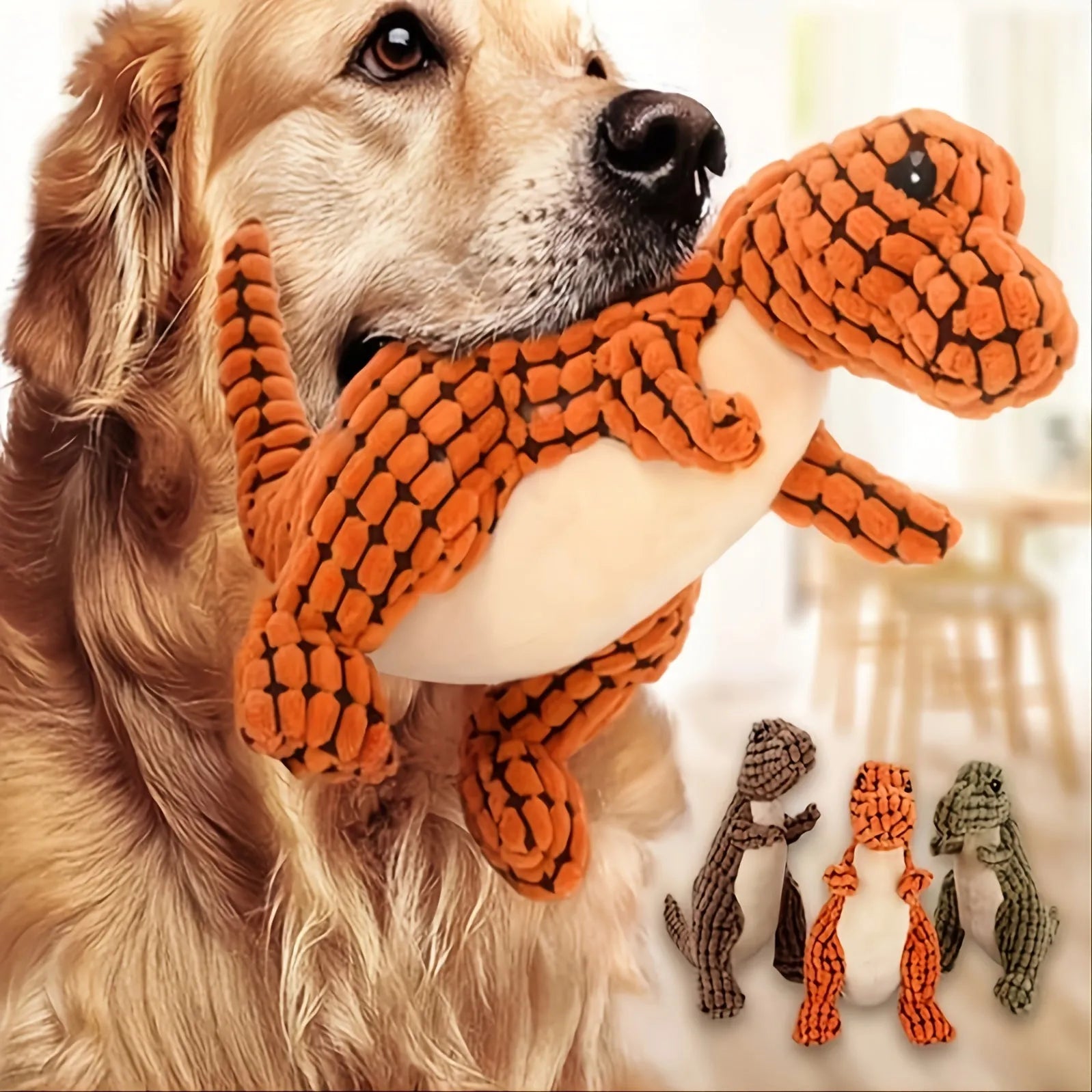 Grey, green, or orange dog toy with sound for bite-resistant chewing and boredom relief
