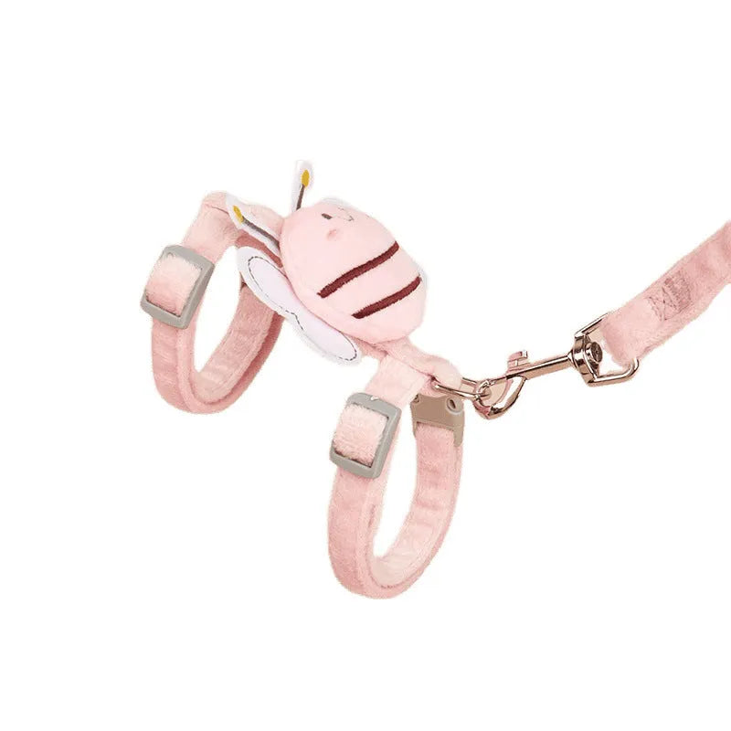 Bee shaped cat harness and leash set in blue colour showing adjustable straps and detachable hand rope