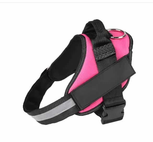 Adjustable dog harness with mesh padded vest in assorted colours, showing reflective strips and D-ring leash attachment.