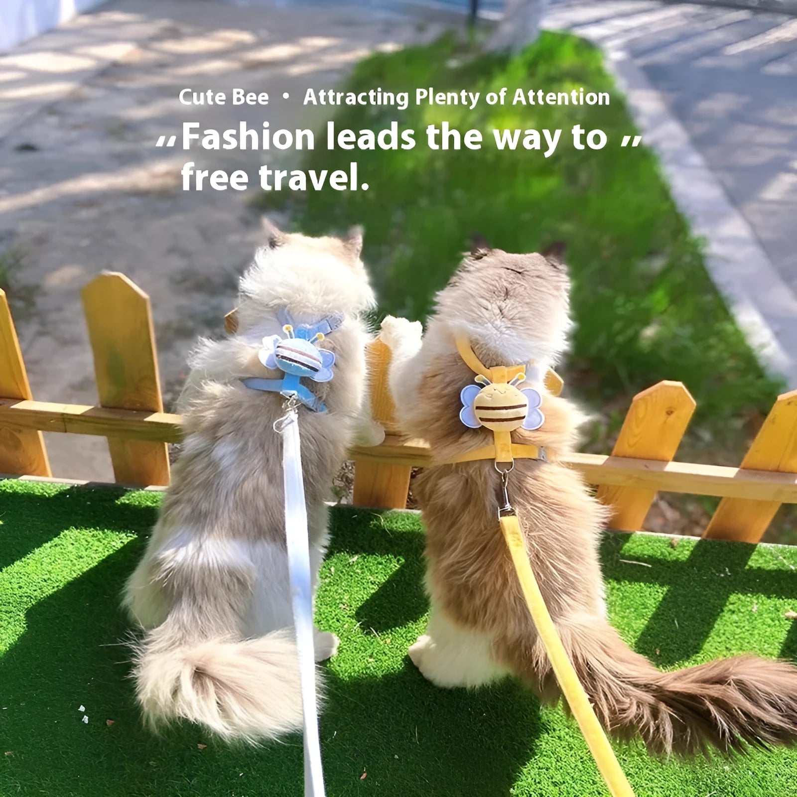 Bee shaped cat harness and leash set in blue colour showing adjustable straps and detachable hand rope